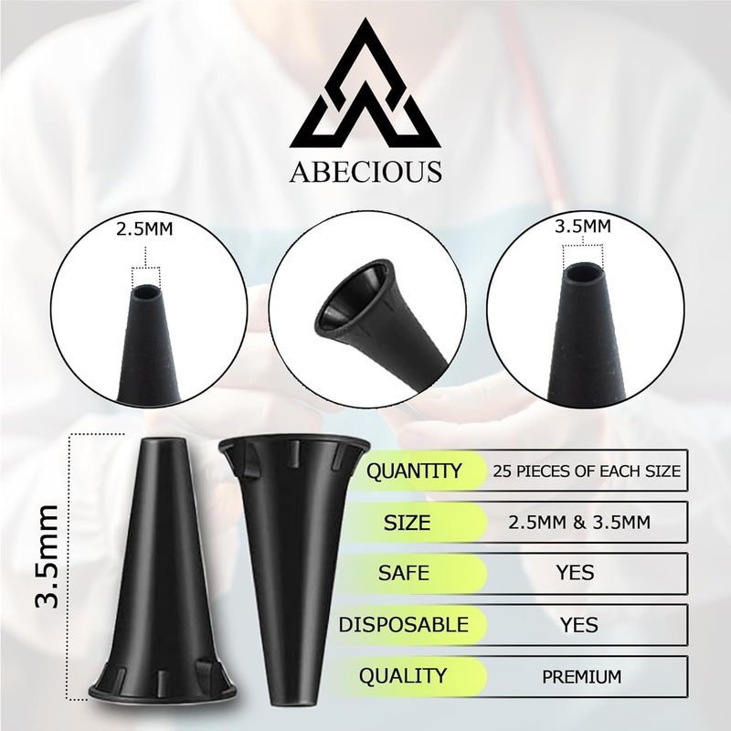 ABECIOUS Diagnostic Otoscope Covers – Pack of 50 | Universal, High-Quality Disposable Plastic Ear Otoscope Specula Tips 2.5mm & 3.5mm (25 Piece of Each Size) for Adults & Children - Image 3